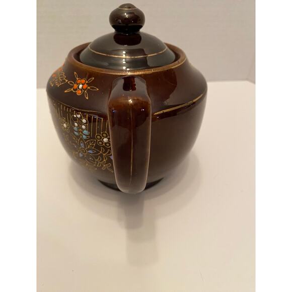 Vintage Moriage Redware Brown Oriental Tea Pot, Hand Painted Beaded - Picture 5 of 10